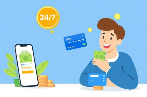 Смартфон с уведомлением «Займ одобрен», рядом карта с поступившими деньгами.